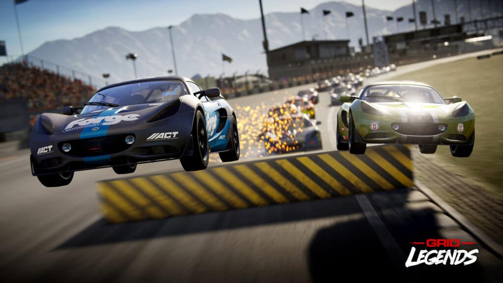 Race car turning through a circuit corner.