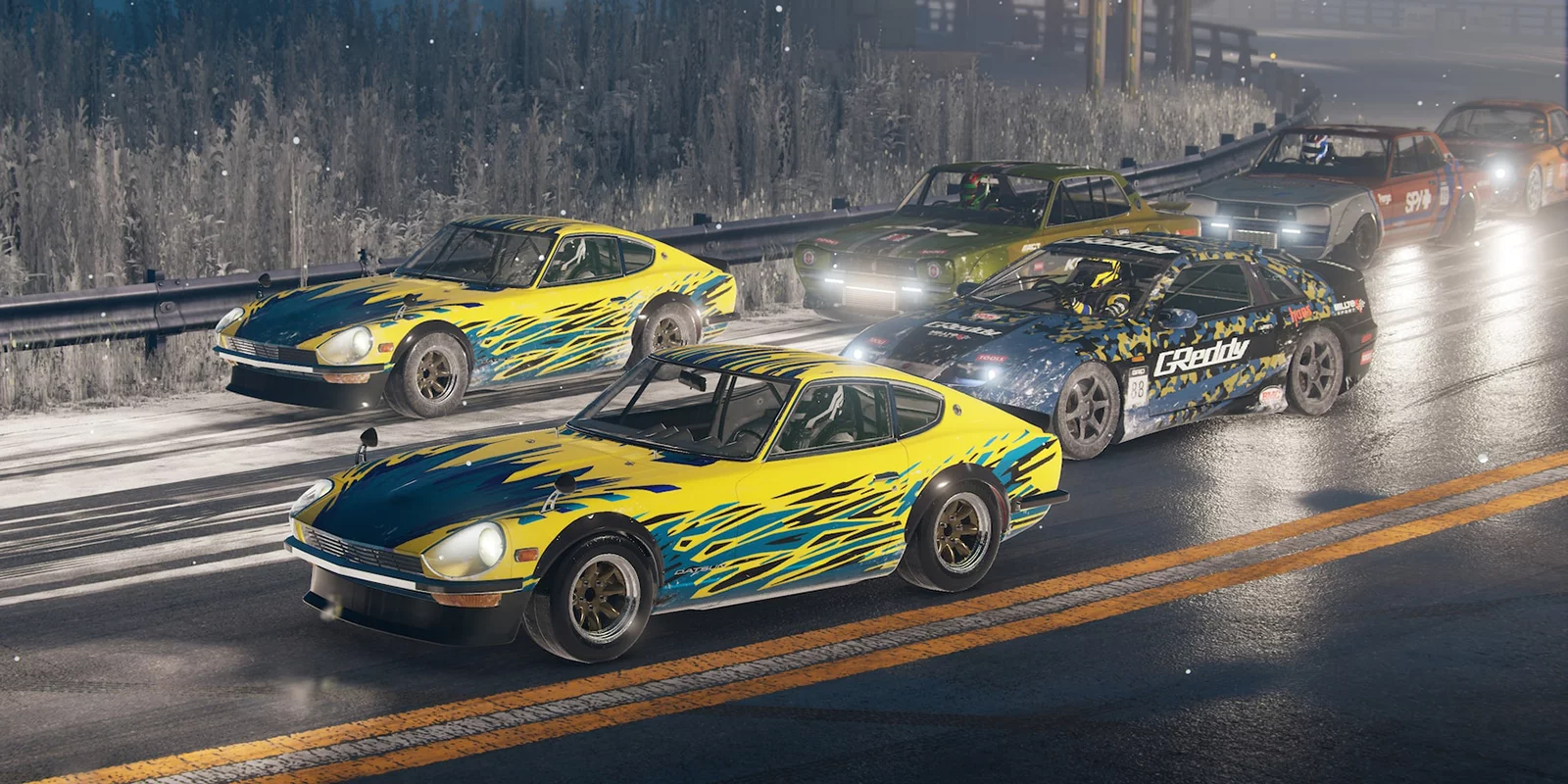 High-speed racing scene through a corner.